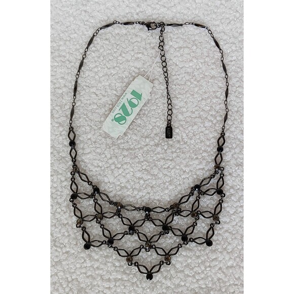 1928 Black & Silver Rhinestone Collar / Bib Necklace 16-19 in NWT - Picture 6 of 9